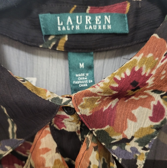 Ralph Lauren Sheer Ruffle Blouse Brown Floral Size Medium - Picture 3 of 9
